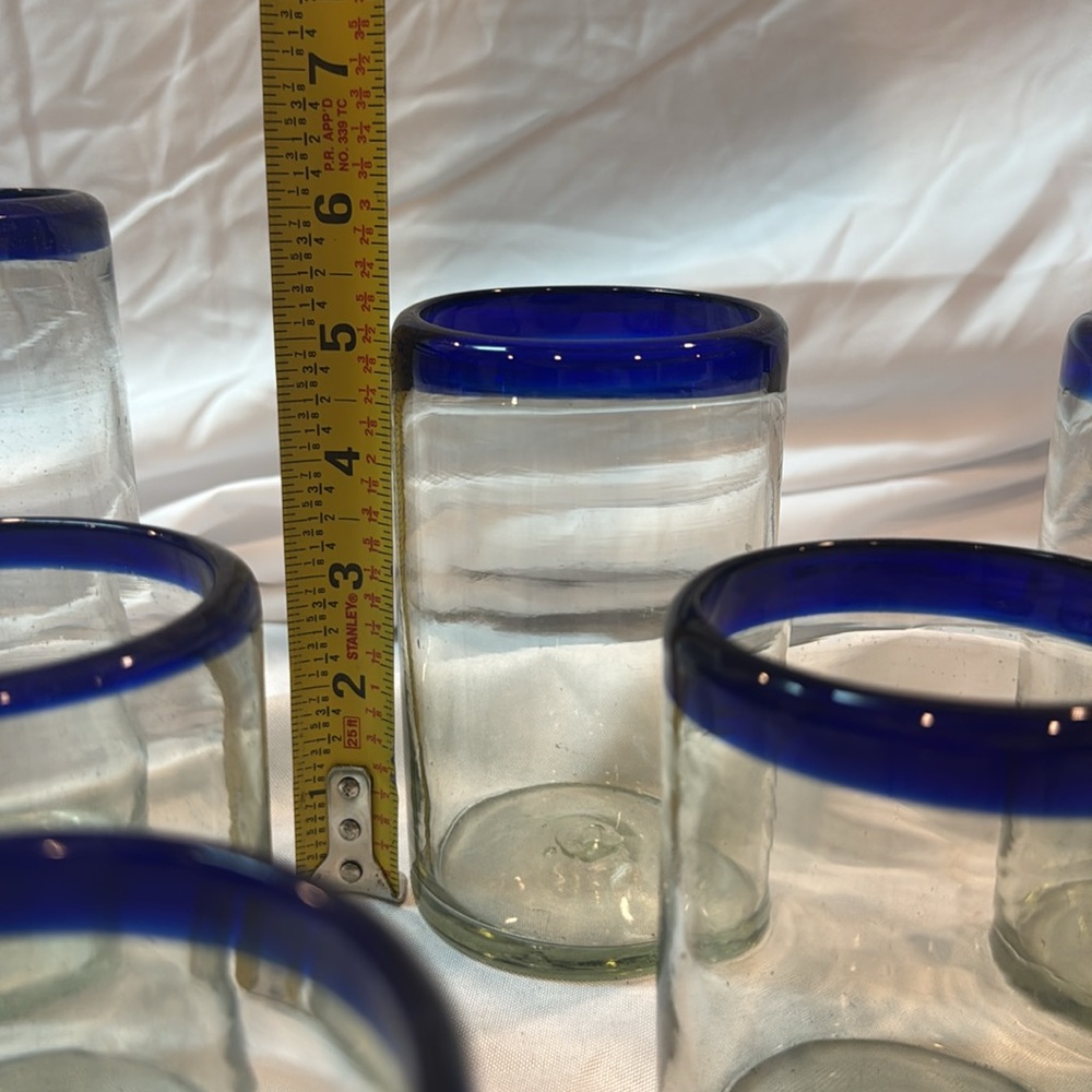 Set of 7 Hand Blown Mexican Bubble Glasses With Cobalt Blue Rim, Various Sizes - Picture 4 of 5